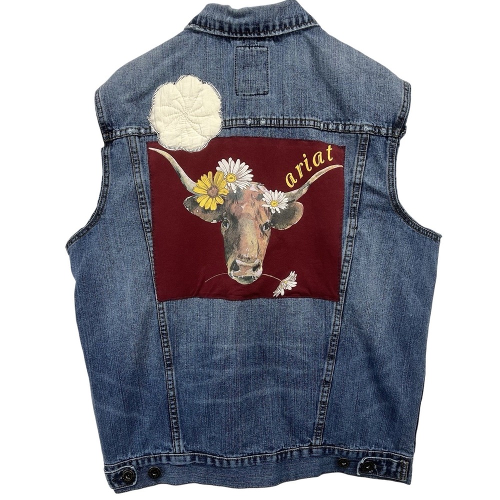 The Imperfect Artisan Denim Vest Womens L Blue Longhorn Graphic Upcycled